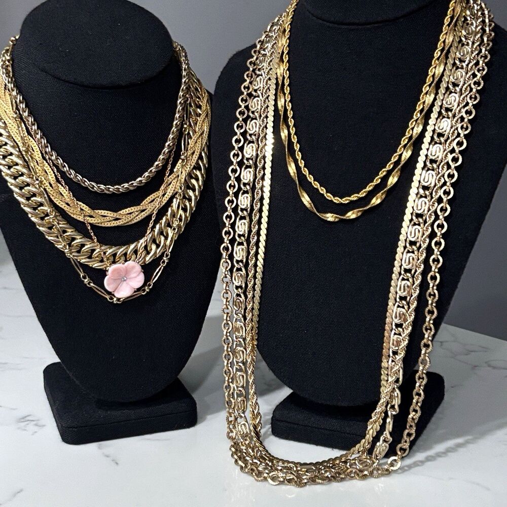 Gold Tone Chain Necklace Lot Vintage Modern Chunky Dainty Some Signed